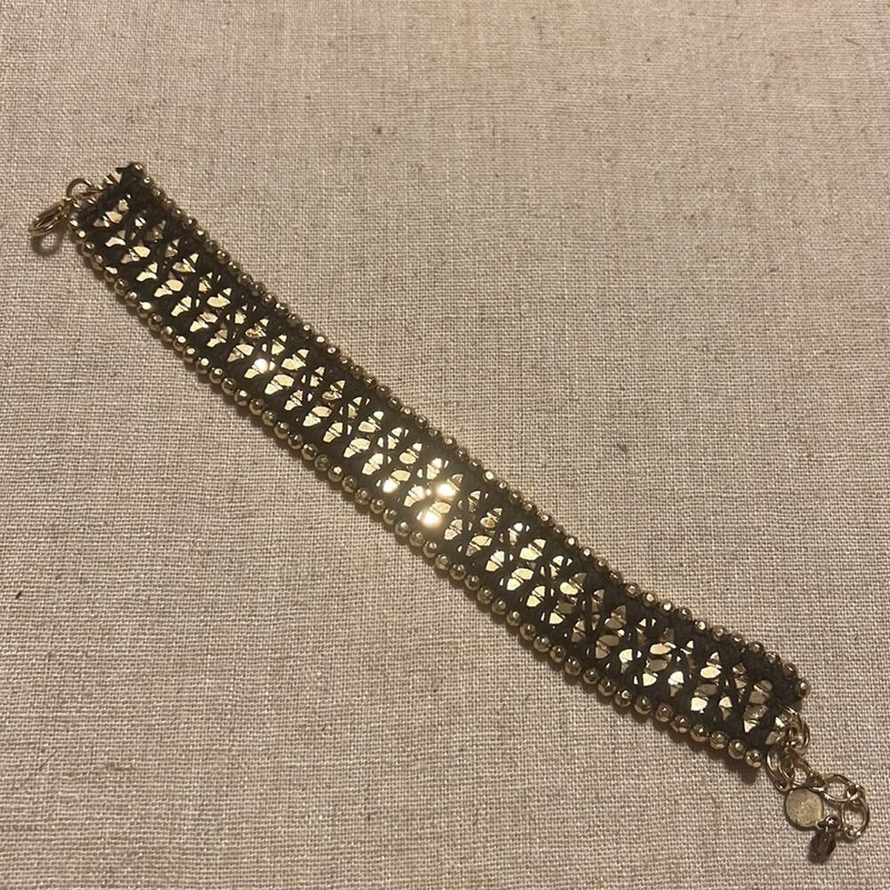 Vtg Stella & Dot Gold tone Beaded and Black Braided Bracelet Workwear Party Gala